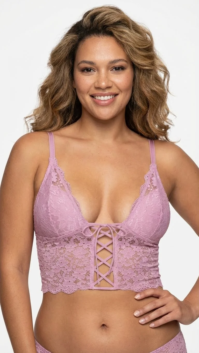 LunaIntim Terra Cotta Korse Görünümlü Büstiyer Önden Bağcıklı ve Dantelli Boş Kap Sütyen - Dantelli Boş Kap Detay